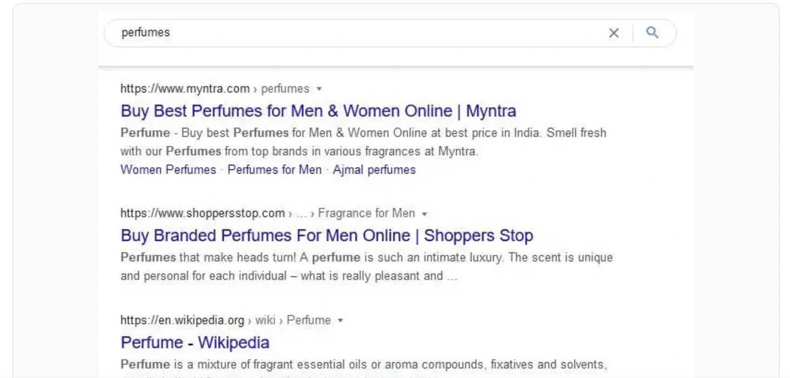 Infidigit’s Myntra SEO Case Study - SERPs results for readers interested in perfumes