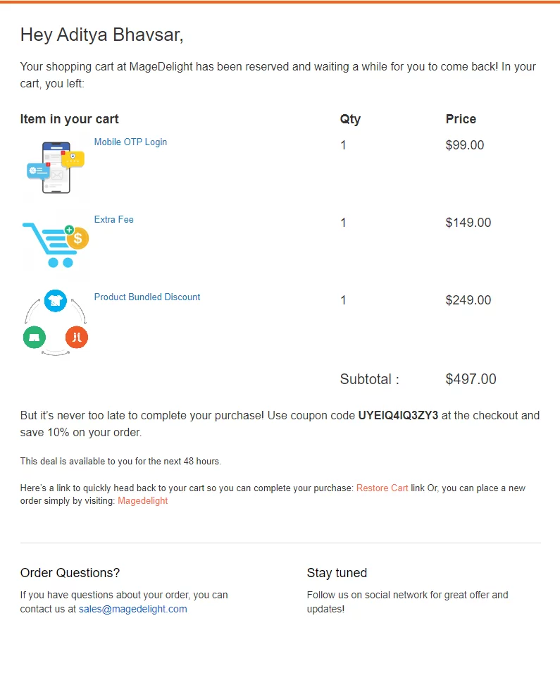 Cart abandonment email
